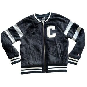 Champion Women's Varsity Bomber Jacket Letterman Fleece Black‎ Sz Small